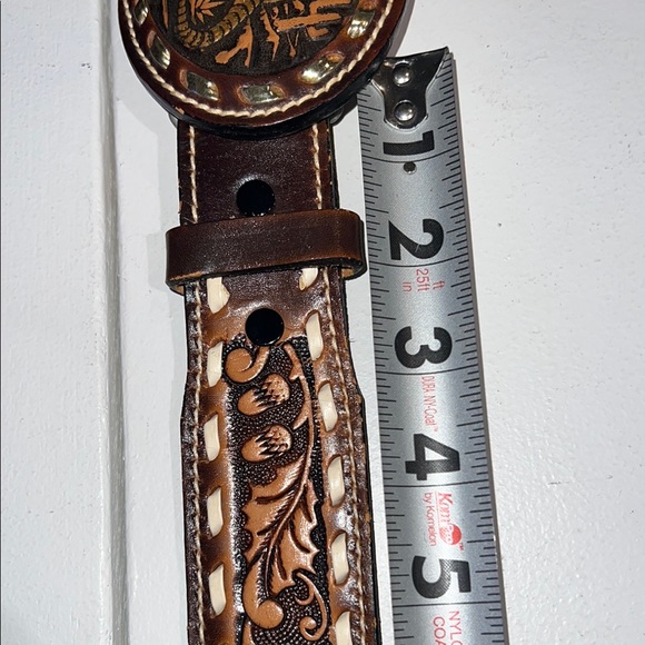 Ranch Pal Brown and Tan Tooled Leather Belt  size 38 armadillo, buckle - Picture 5 of 12
